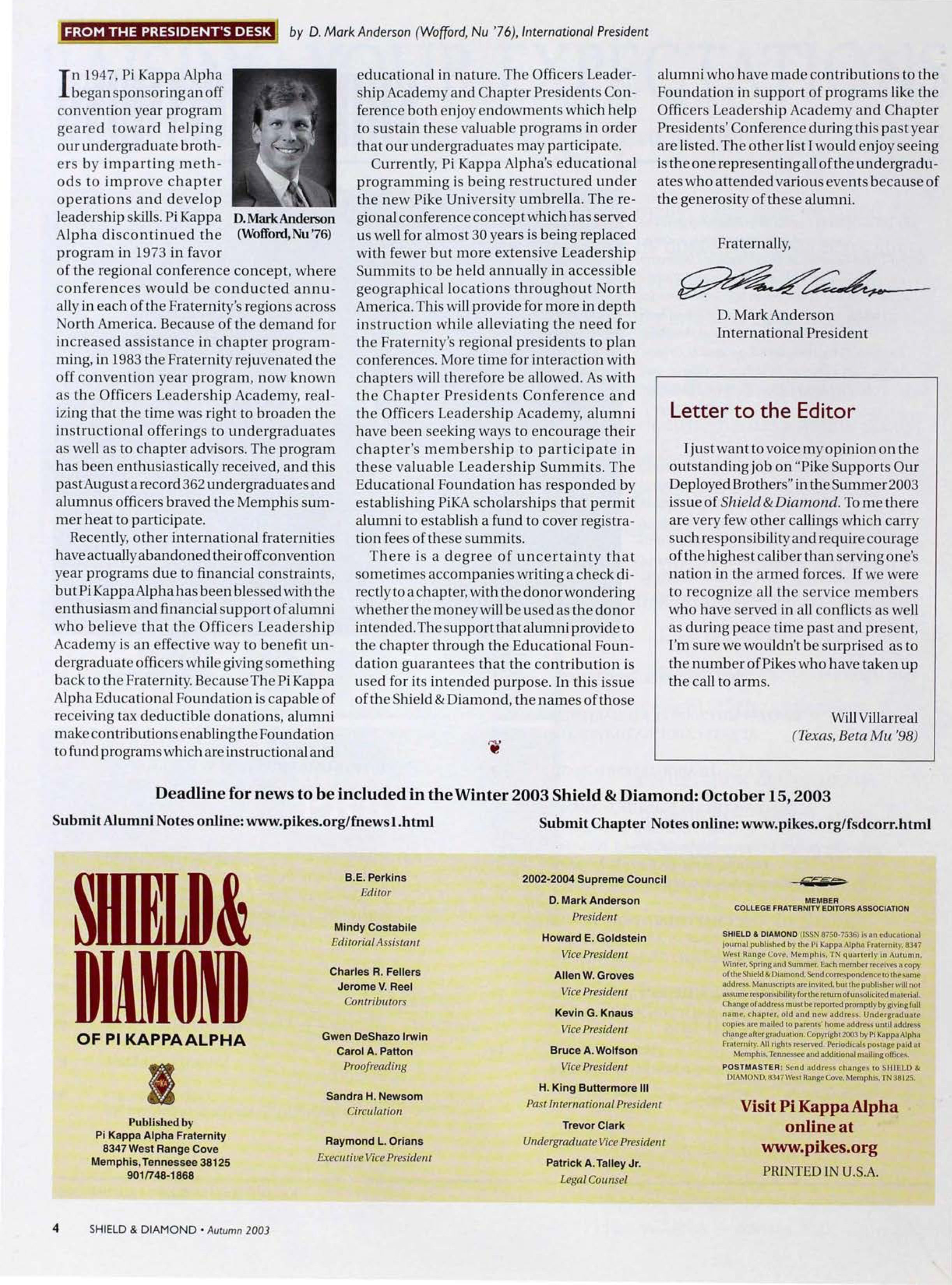 Shield & Diamond Pi Kappa Alpha, Autumn 2003